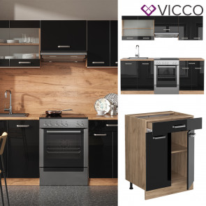 Vicco Küchenzeile R-Line Solid Eiche Schwarz 200 cm modern Küchenschränke Küchenmöbel