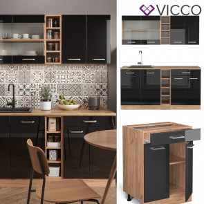 Vicco Küchenzeile R-Line Solid Eiche Schwarz 160 cm modern Küchenschränke Küchenmöbel