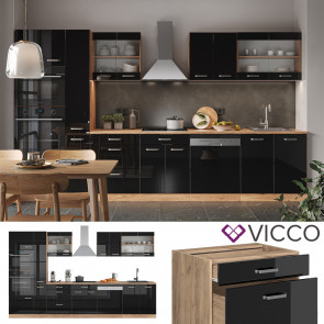 Vicco Küchenzeile R-Line Solid Eiche Schwarz 350 cm modern Küchenschränke Küchenmöbel