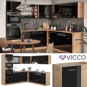 Vicco Eckküche R-Line Solid Eiche Schwarz 247x237 cm modern Küchenschränke Küchenmöbel
