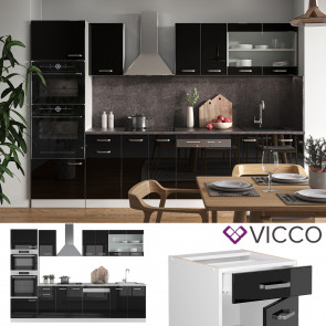 Vicco Küchenzeile R-Line Solid Weiß Schwarz 300 cm Arbeitsplatte modern Küchenschränke Küchenmöbel