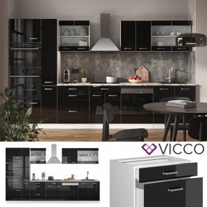 Vicco Küchenzeile R-Line Solid Weiß Schwarz 350 cm modern Küchenschränke Küchenmöbel Arbeitsplatte