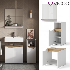 Vicco Badmöbel-Set Marelle Weiß Artisan moderne Serie Badezimmer dekorative Front Waschtischunterschrank Badspiegel Midischrank