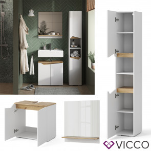 Vicco Badmöbel-Set Marelle Weiß Artisan moderne Serie Badezimmer dekorative Front Waschtischunterschrank Badspiegel Hochschrank