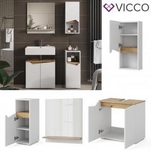 Vicco Badmöbel-Set Marelle Weiß Artisan moderne Serie Badezimmer dekorative Front Waschtischunterschrank Badspiegel Midischrank Hängeschrank