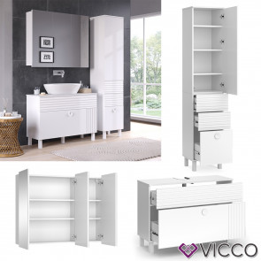 Vicco Badmöbel-Set Sola Weiß matt, moderne Serie, Badezimmer, dekorative Front Waschtischunterschrank Spiegelschrank Hochschrank