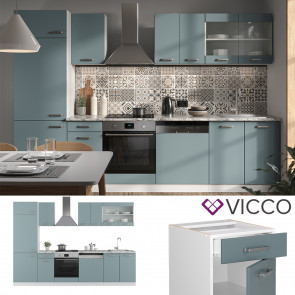 Vicco Küchenzeile R-Line Solid Weiß Blau Grau 300 cm modern Küchenschränke Küchenmöbel