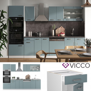 Vicco Küchenzeile R-Line Solid Weiß Blau Grau 300 cm modern Küchenschränke Küchenmöbel Arbeitsplatte
