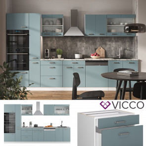 Vicco Küchenzeile R-Line Solid Weiß Blau Grau 350 cm modern Küchenschränke Küchenmöbel Arbeitsplatte