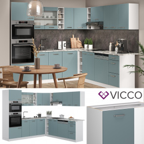Vicco Eckküche R-Line Solid Weiß Blau Grau 247x237 cm Arbeitsplatte modern Küchenschränke Küchenmöbel