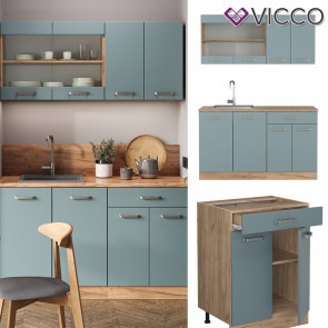 Vicco Küchenzeile R-Line Solid Eiche Blau Grau 140 cm modern Küchenschränke Küchenmöbel