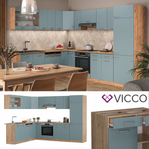 Vicco Eckküche R-Line Solid Eiche Blau Grau 287x227 cm modern Küchenschränke Küchenmöbel