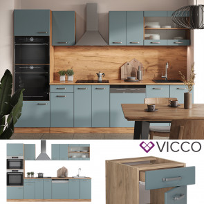 Vicco Küchenzeile R-Line Solid Eiche Blau Grau 300 cm modern Küchenschränke Küchenmöbel