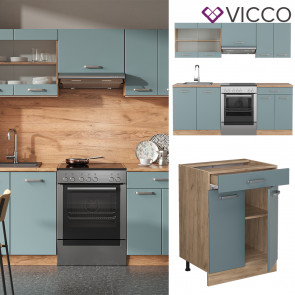 Vicco Küchenzeile R-Line Solid Eiche Blau Grau 200 cm modern Küchenschränke Küchenmöbel