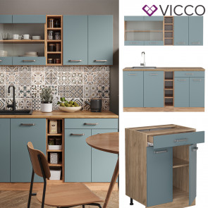 Vicco Küchenzeile R-Line Solid Eiche Blau Grau 160 cm modern Küchenschränke Küchenmöbel