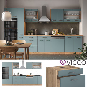 Vicco Küchenzeile R-Line Solid Eiche Blau Grau 350 cm modern Küchenschränke Küchenmöbel