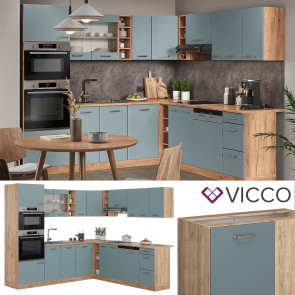 Vicco Eckküche R-Line Solid Eiche Blau Grau 247x237 cm modern Küchenschränke Küchenmöbel