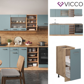 Vicco Küchenzeile R-Line Solid Eiche Blau Grau 240 cm modern Küchenschränke Küchenmöbel
