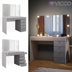 Vicco Schminktisch Elise Weiß Grau 115 x 76 cm modern Frisiertisch Schubladen Spiegel LED-Beleuchtung