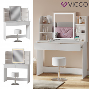 Vicco Schminktisch Charlotte Weiß 106 cm mit LED-Spiegel QI-Ladestation und Hocker