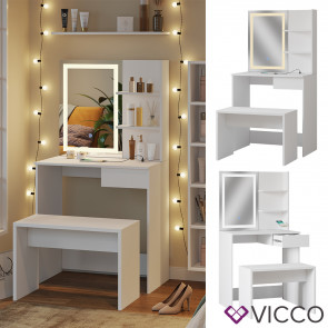 Vicco Schminktisch Dekos Weiß 75 cm mit LED-Spiegel QI-Ladestation und Bank