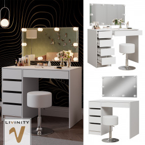 Livinity Schminktisch Thalia Weiß Hochglanz 100 cm mit LED-Beleuchtung und Hocker