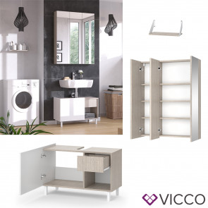 Vicco Badmöbel-Set Arianna Greige Weiß, modernes Design, Badezimmer Spiegelschrank Waschtischunterschrank Wandregal