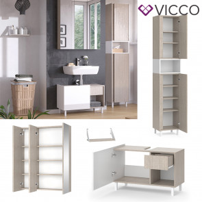 Vicco Badmöbel-Set Arianna Greige Weiß, modernes Design, Badezimmer Spiegelschrank Waschtischunterschrank Wandregal Hochschrank