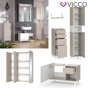 Vicco Badmöbel-Set Arianna Greige Weiß, modernes Design, Badezimmer Spiegelschrank Waschtischunterschrank Wandregal Midischrank Hochschrank