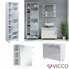 Vicco Badmöbel-Set Ilias Weiß Hochglanz modern Waschtischunterschrank Spiegelschrank Hochschrank