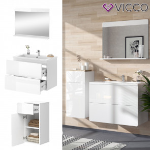 Vicco Badmöbel-Set Izan Weiß Hochglanz modern Waschtischunterschrank Waschbecken Badspiegel Midischrank