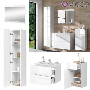Vicco Badmöbel-Set Izan Weiß Hochglanz modern Waschtischunterschrank Waschbecken Badspiegel Midischrank Hochschrank