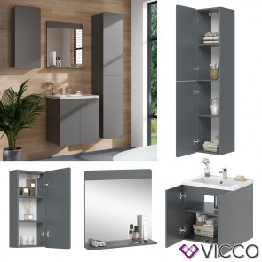 Vicco Badmöbel-Set Izan Grau modern Waschtischunterschrank Waschbecken Badspiegel Hängeschrank Hochschrank