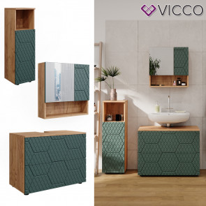 Vicco Badmöbel-Set Irma Eiche Grün 3-teilig Midischrank 95 cm Waschbeckenschrank 80 cm