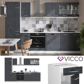 Vicco Küchenzeile R-Line 300 cm Schwarz Beton Weiß mit Arbeitsplatte Weiß Marmor