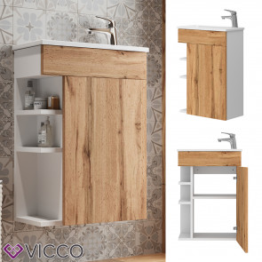 Vicco Badmöbel-Set Amadeo Weiß Eiche 2-teilig Waschbecken Waschtischunterschrank kleine Tür