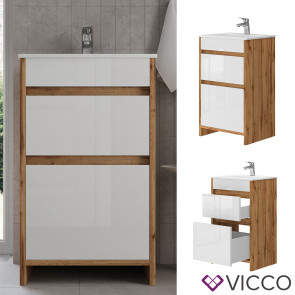 Vicco Badmöbel-Set Detmold Eiche Weiß Hochglanz 2-teilig Waschbecken Waschtischunterschrank
