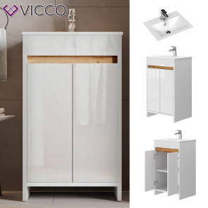 Vicco Badmöbel-Set Lemgo Weiß Hochglanz 2-teilig Waschbecken Waschtischunterschrank Flügeltür