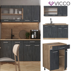 Vicco Singleküche R-Line 140 cm Schwarz Beton Eiche mit Arbeitsplatte Weiß Marmor