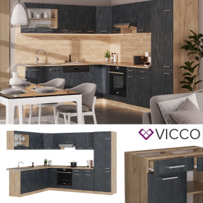 Vicco Eckküche R-Line 287x227 cm Schwarz Beton Eiche mit Arbeitsplatte Weiß Marmor