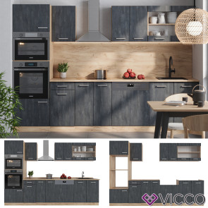 Vicco Küchenzeile R-Line 300 cm Schwarz Beton Eiche mit Arbeitsplatte Eiche