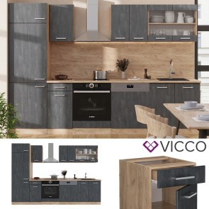 Vicco Küchenzeile R-Line 300 cm Schwarz Beton Eiche mit Arbeitsplatte Weiß Marmor