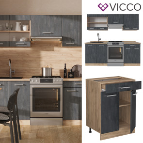 Vicco Küchenzeile R-Line 200 cm Schwarz Beton Eiche mit Arbeitsplatte Weiß Marmor