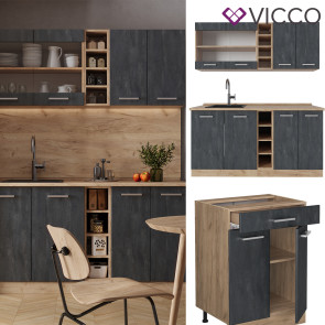 Vicco Singleküche R-Line 160 cm Schwarz Beton Eiche mit Arbeitsplatte Weiß Marmor