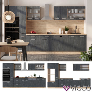 Vicco Küchenzeile R-Line 350 cm Schwarz Beton Eiche mit Arbeitsplatte Weiß Marmor