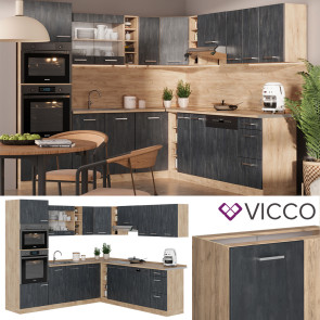 Vicco Eckküche R-Line 247x237 cm Schwarz Beton Eiche mit Arbeitsplatte Weiß Marmor