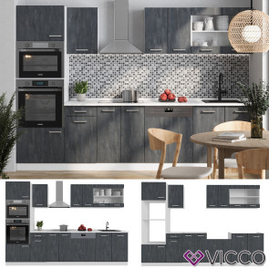 Vicco Küchenzeile R-Line 300 cm Schwarz Beton Weiß ohne Arbeitsplatte