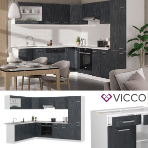 Vicco Eckküche R-Line 287x227 cm Schwarz Beton Weiß mit Arbeitsplatte Eiche
