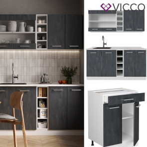 Vicco Singleküche R-Line 160 cm Schwarz Beton Weiß ohne Arbeitsplatte