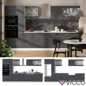 Vicco Küchenzeile R-Line 350 cm Schwarz Beton Weiß ohne Arbeitsplatte